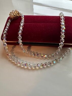 Vintage Crystal Aurora Borealis Beaded Necklace - Clear Iridescent